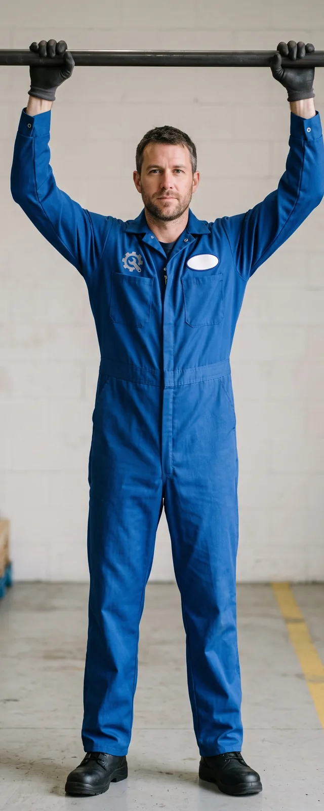 Tall maintenance worker in a royal blue long-sleeve coverall reaching both arms up to an overhead pipe, cuffs still at the wrists, embroidered chest logo and oval name patch