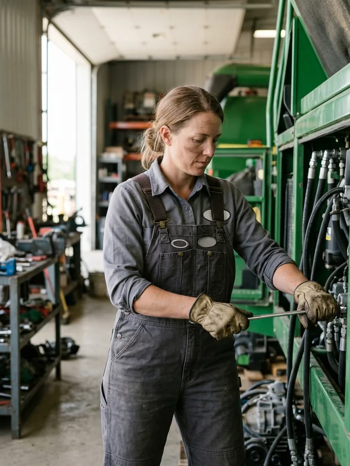 Farm equipment mechanic in bib overalls over a work shirt inside a machine shed