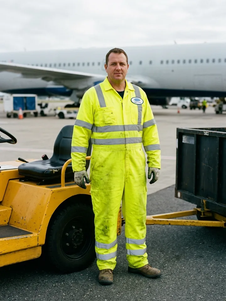 Ramp worker in a fluorescent yellow hi-vis coverall with reflective tape on body and sleeves