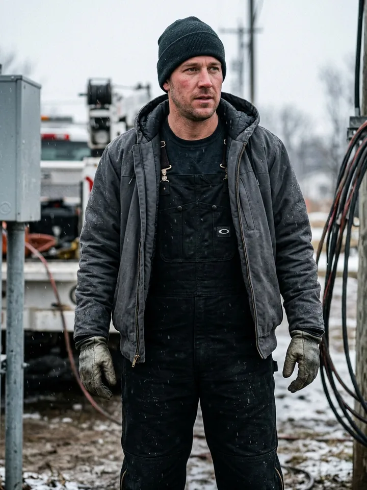 Field worker in insulated bib overalls and a work jacket in winter weather