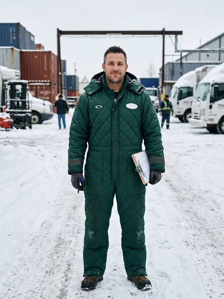 Yard technician in an insulated coverall with a detachable hood in a snowy depot