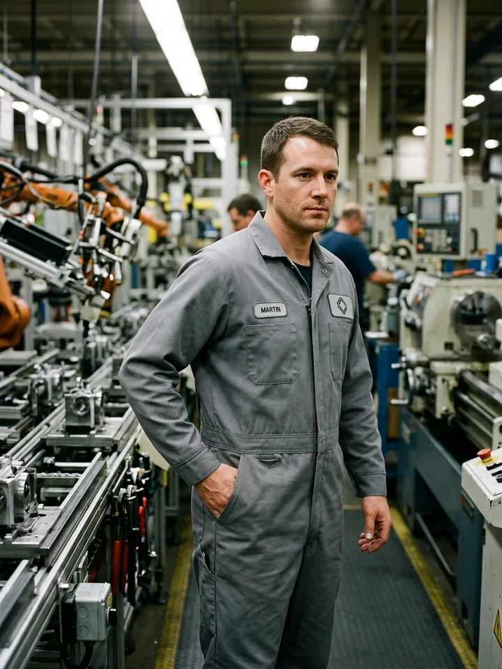Maintenance technician in a long-sleeve coverall with a two-way zipper standing beside a production line