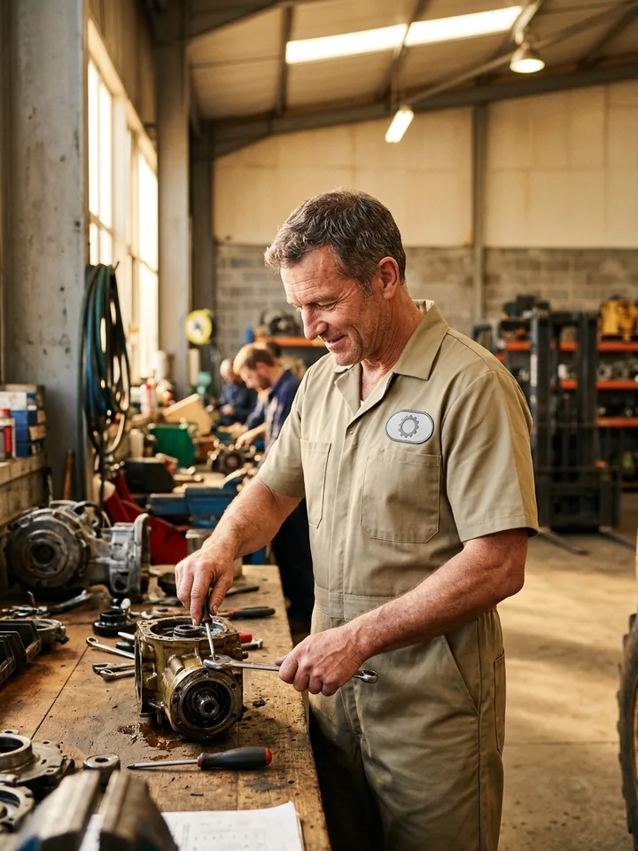 Fitter in a short-sleeve coverall working at a bench in a warm workshop