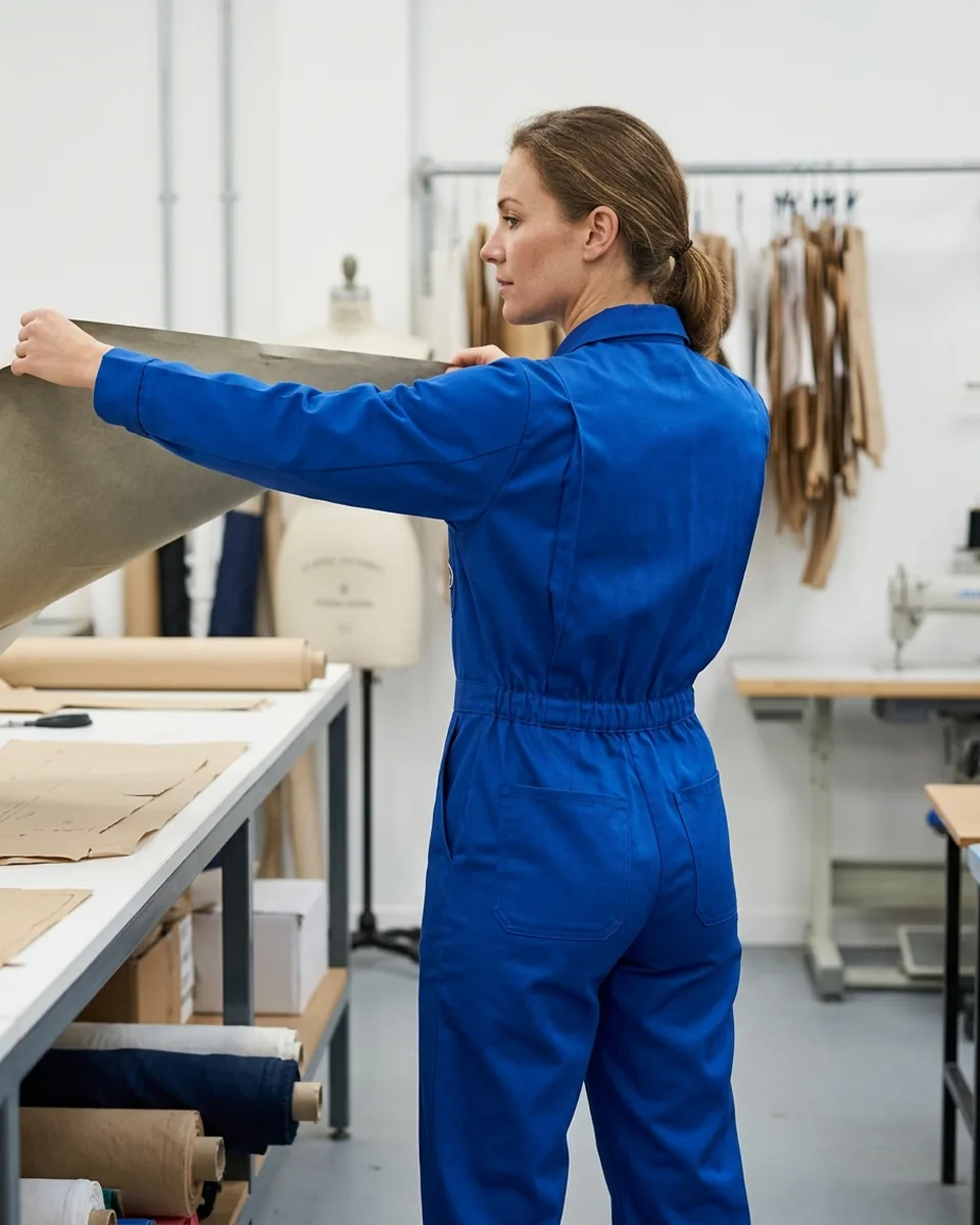 Fit model seen from behind reaching both arms forward, the two back pleats of the coverall opened and the elastic back waist holding the middle in