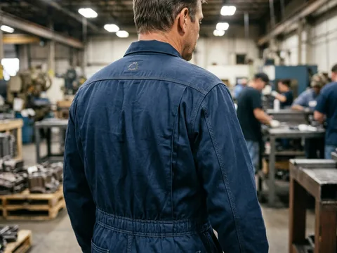 Close-up of the action back pleats and elastic back waist on a coverall