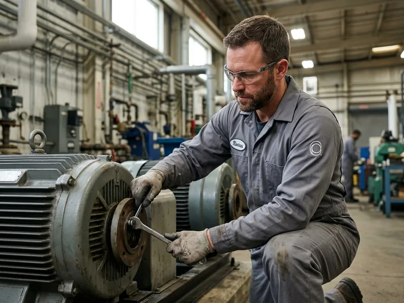 Plant maintenance worker kneeling beside a machine in a long-sleeve coverall