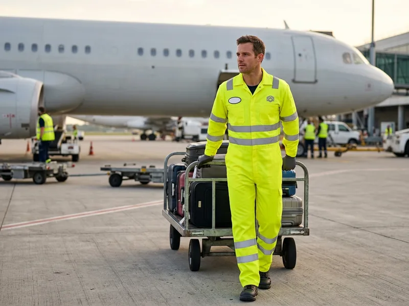 Airport ground handler in a hi-vis coverall pushing a baggage cart beside an aircraft
