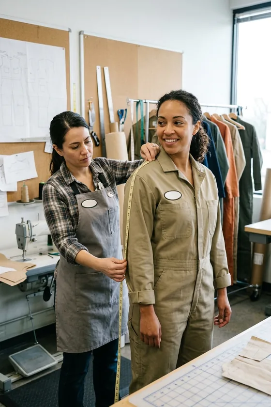 Pattern maker measuring the torso length of a fit model wearing a coverall