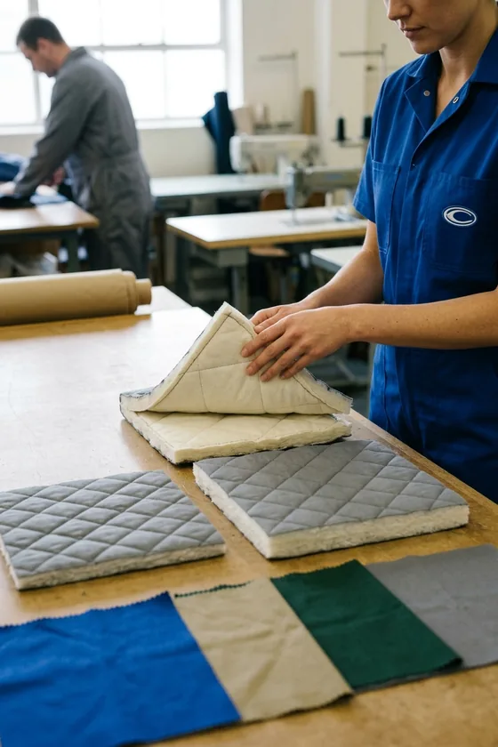 Fabric swatches and three quilted fill samples of different thickness laid out on a table