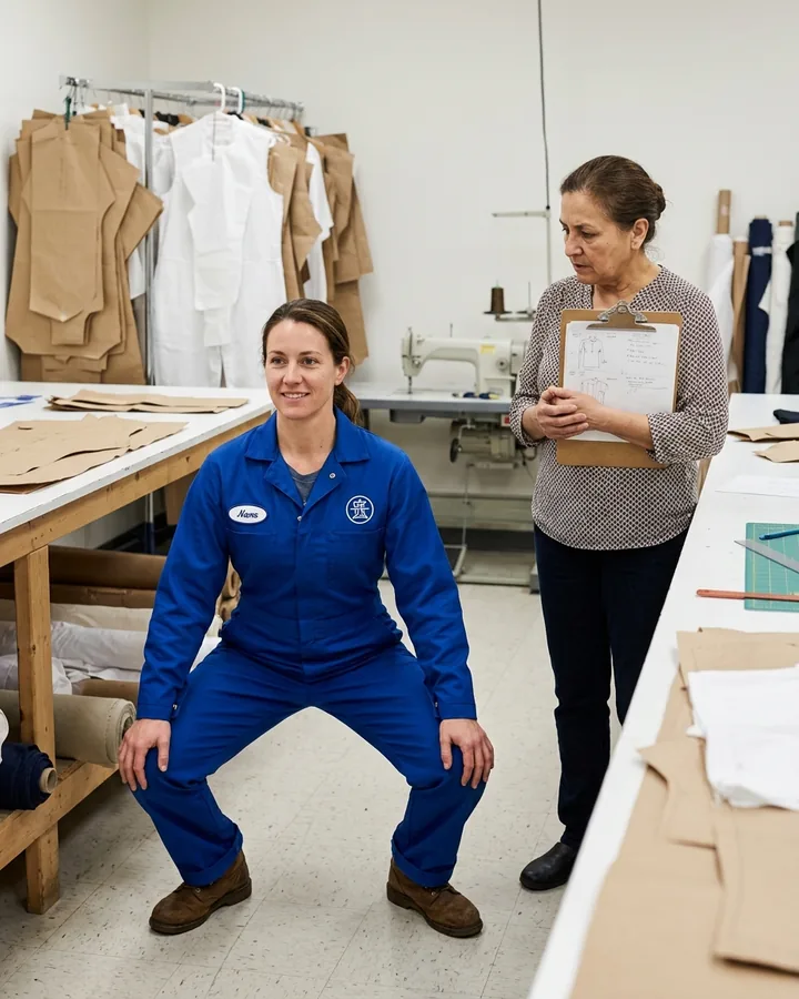 Fit model doing a full squat in a coverall while the pattern room lead watches with a clipboard