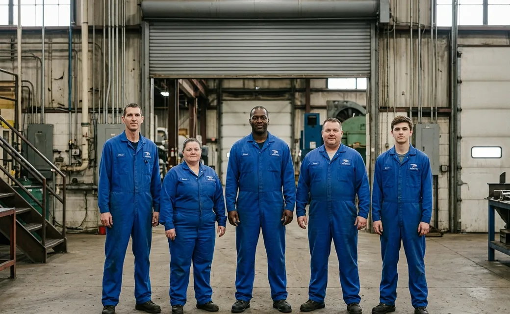 Five crew members of very different heights standing side by side in the same royal blue coverall