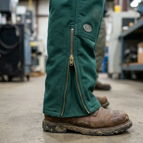Leg zipper of an insulated coverall opened from ankle to knee over a work boot