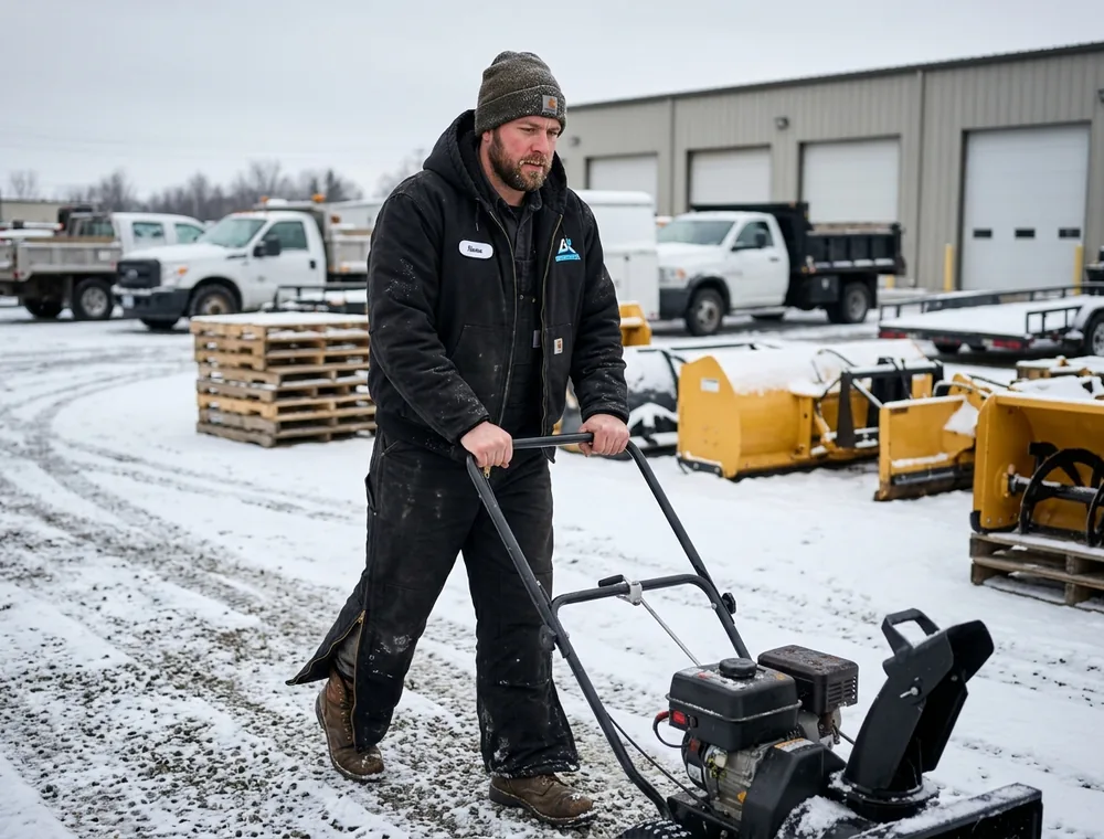 Maintenance worker in insulated bib overalls and an insulated jacket in a winter yard, leg zippers open over work boots