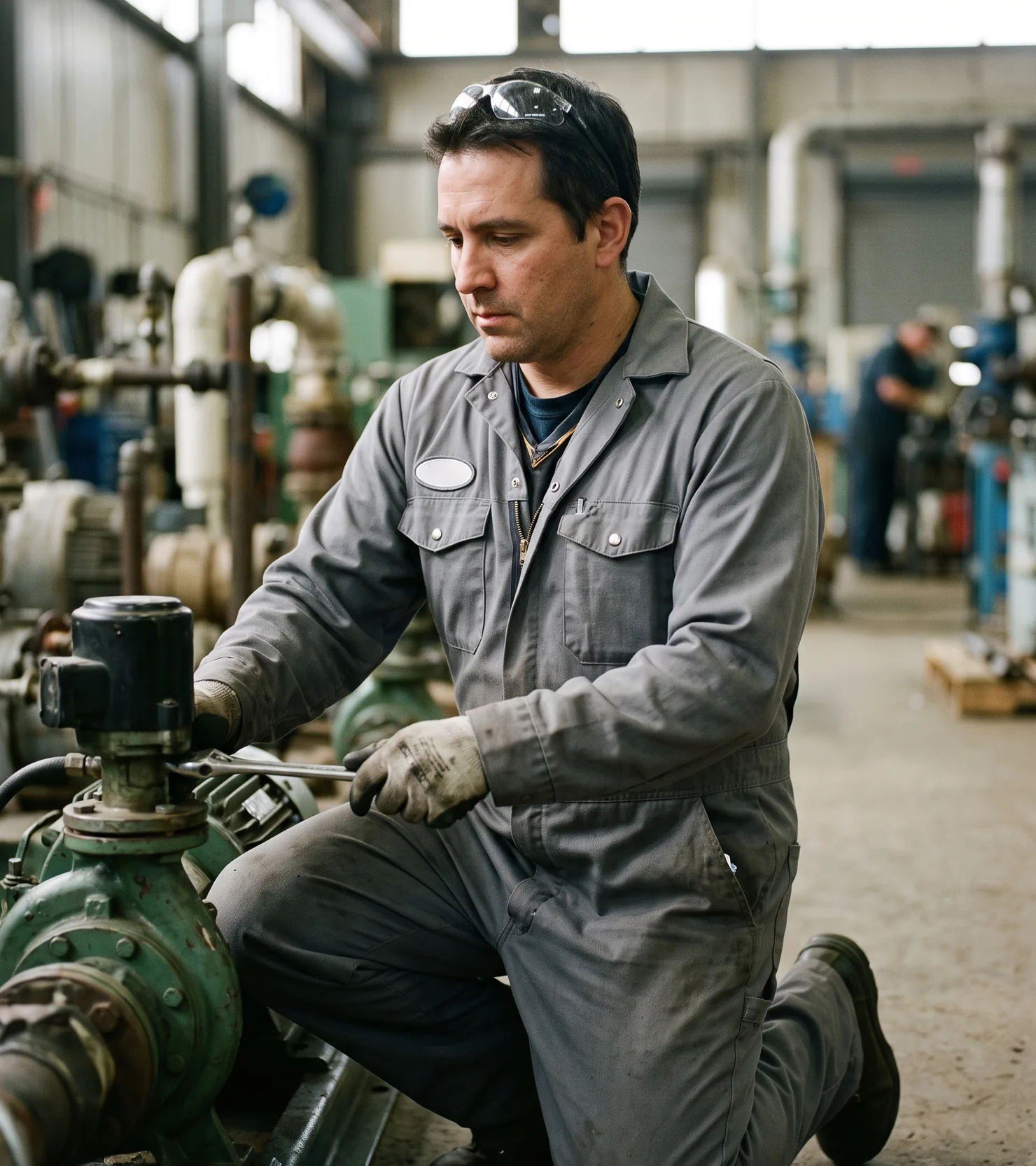 Worker kneeling beside equipment with the two-way coverall zipper opened from the bottom, chest pockets and side opening visible