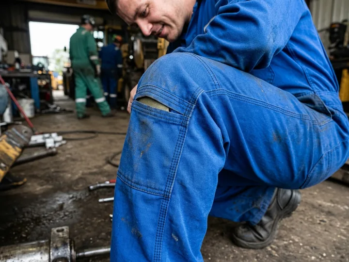 Double-layer knee with a knee-pad pocket opening on a coverall leg
