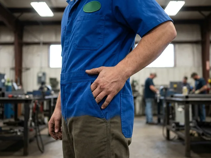 Hand reaching through the side opening of a coverall into the trouser pocket underneath