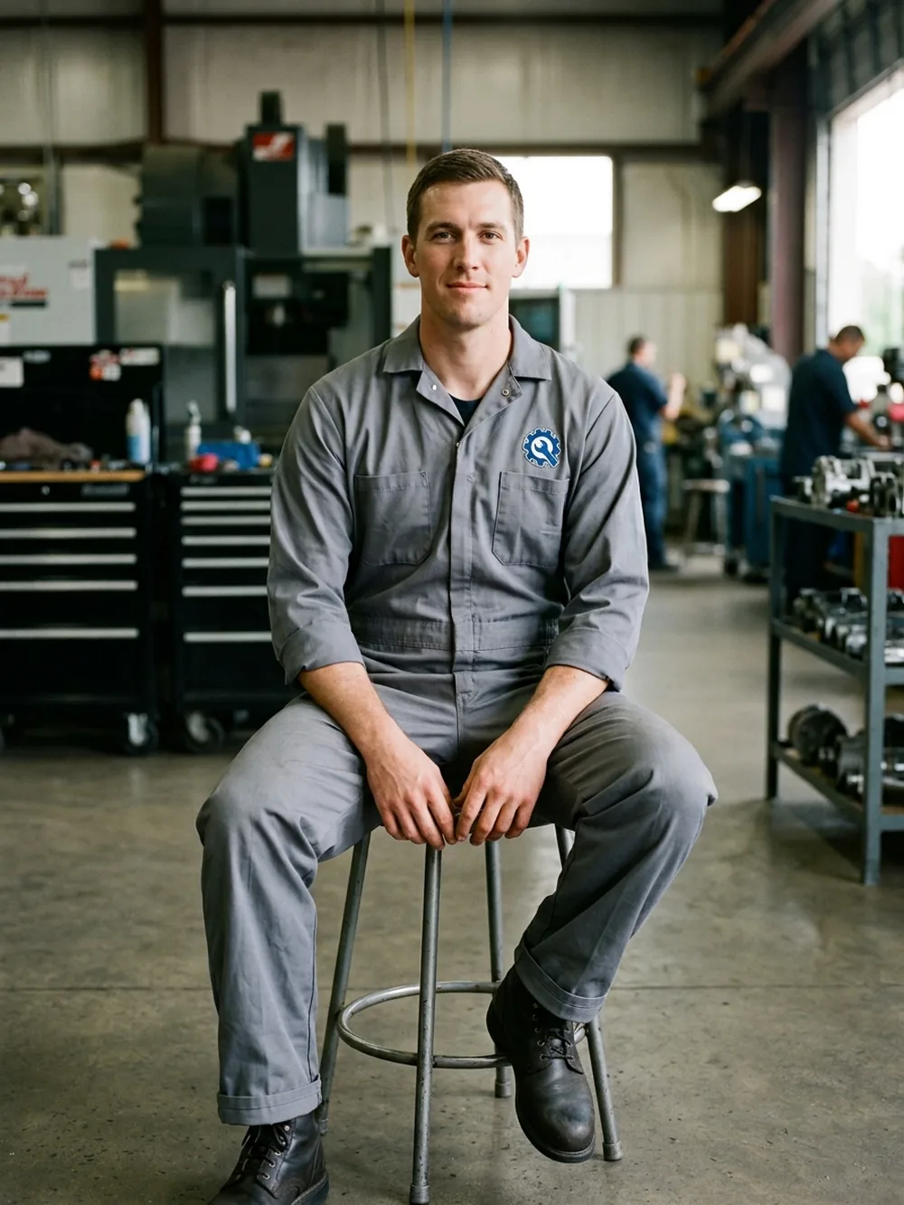Very tall technician in the same coverall, front view, the chest logo in the same visual place