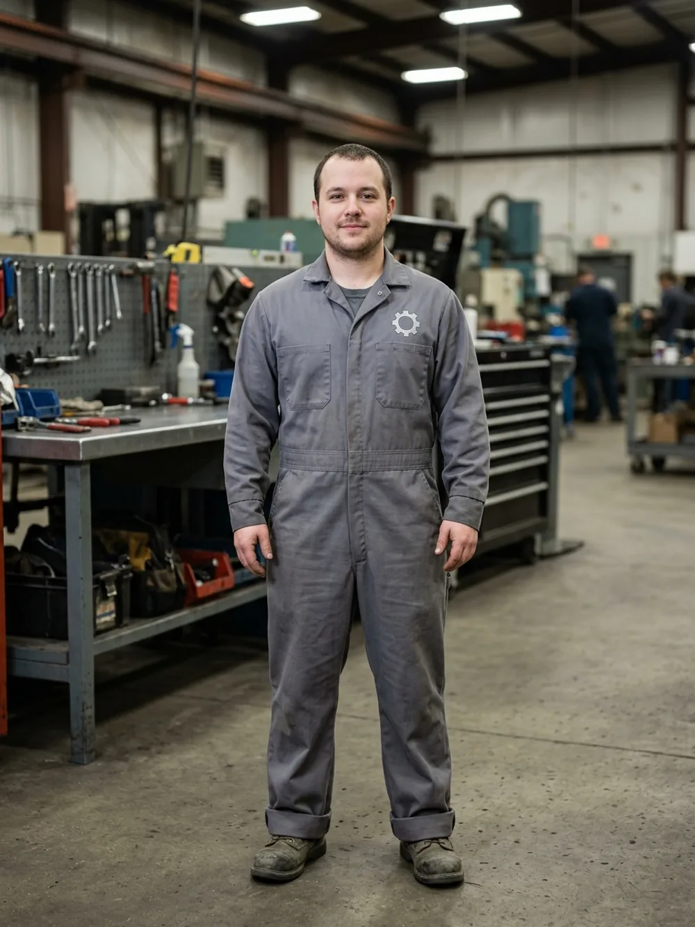 Short technician in a coverall, front view, with the chest logo above the left chest pocket
