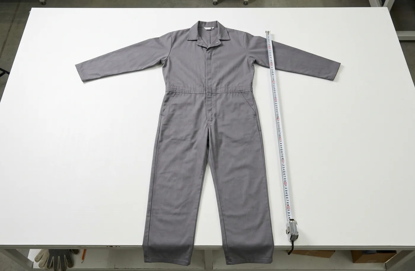 Coverall laid flat on an inspection table with a measuring tape beside it