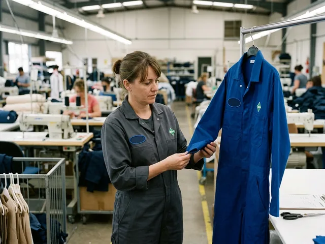 Line QC comparing the first coverall off a sewing line with the approved sample