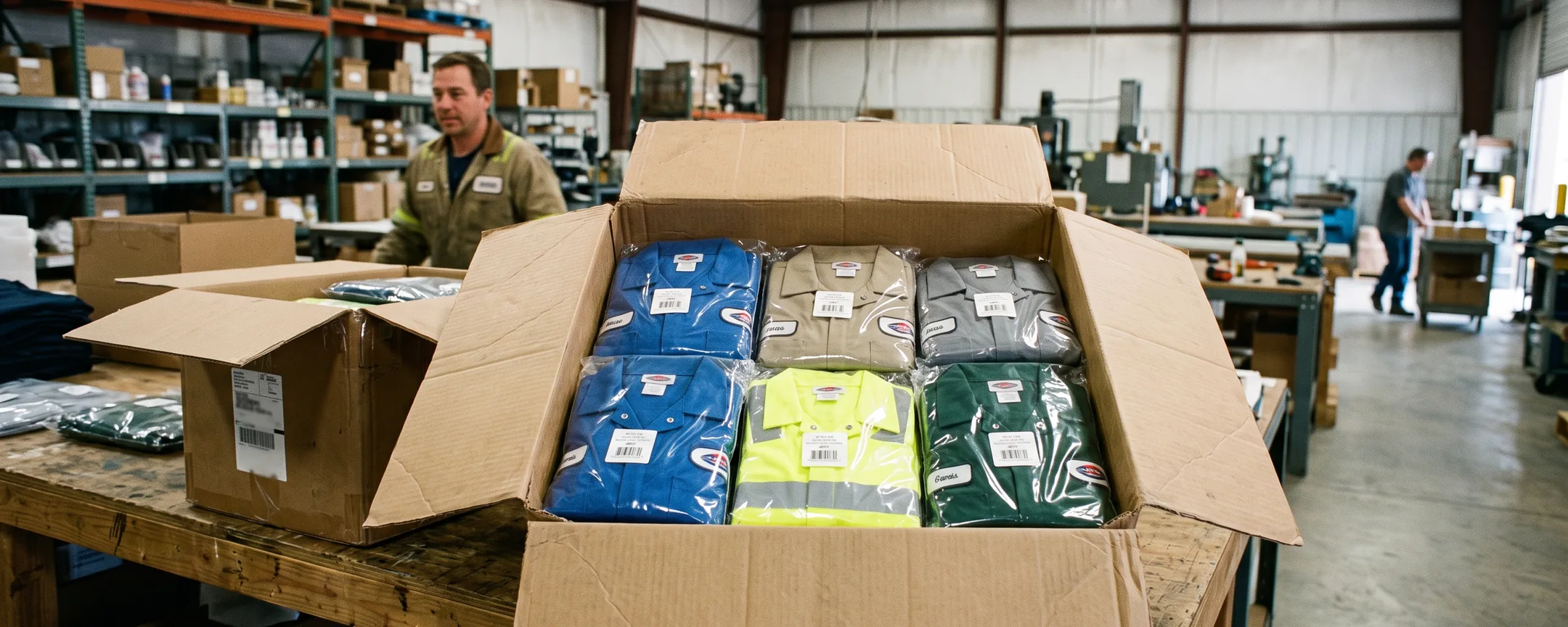 Coveralls packed in individual polybags in a carton, each bag with a small size and fitting sticker