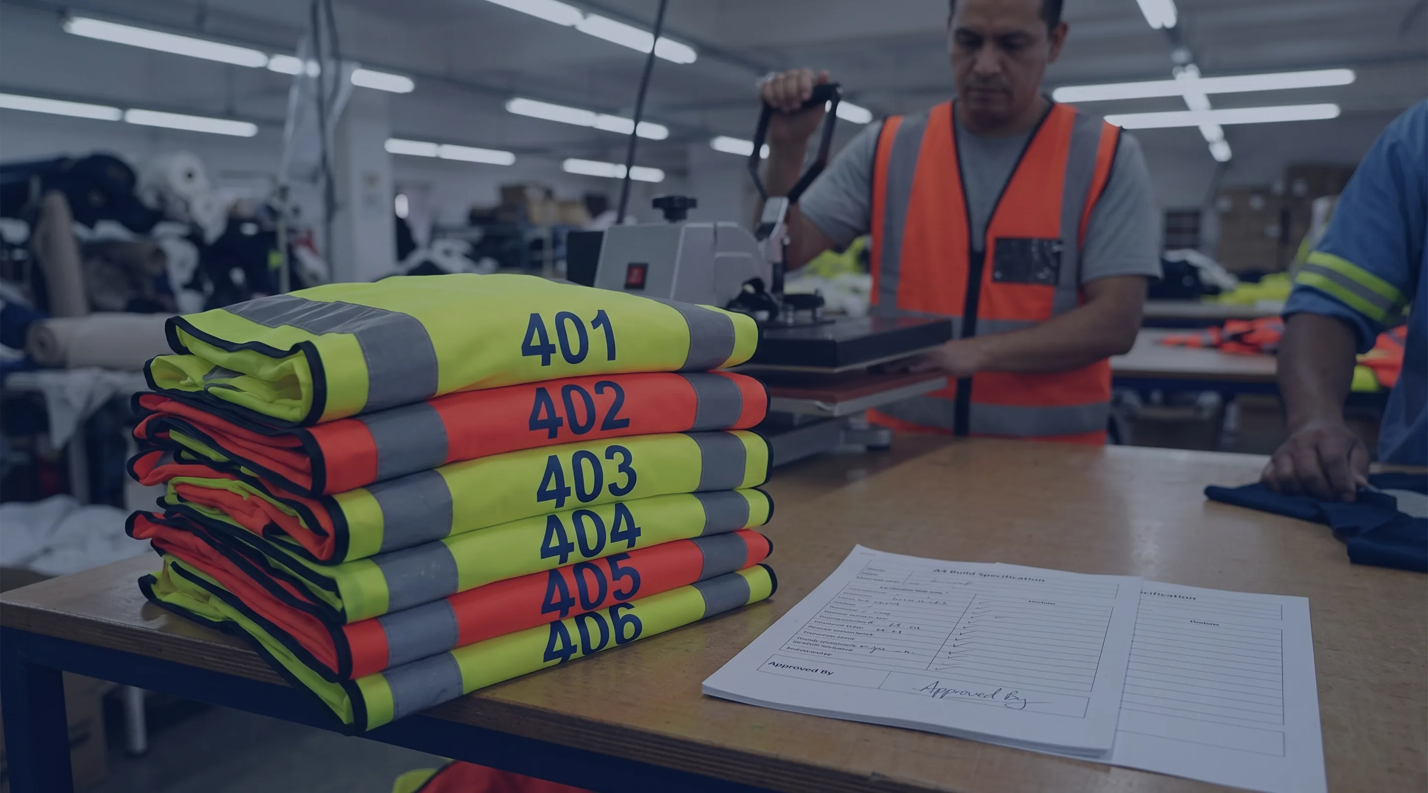 Stack of folded safety vests with employee numbers on the back beside a signed build spec sheet