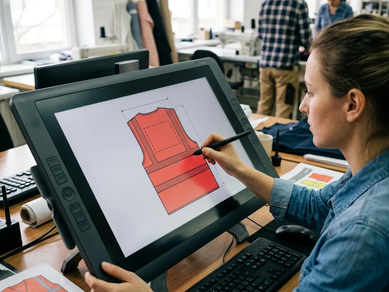 Designer's screen showing logo zones and sizes marked on the back of a safety vest