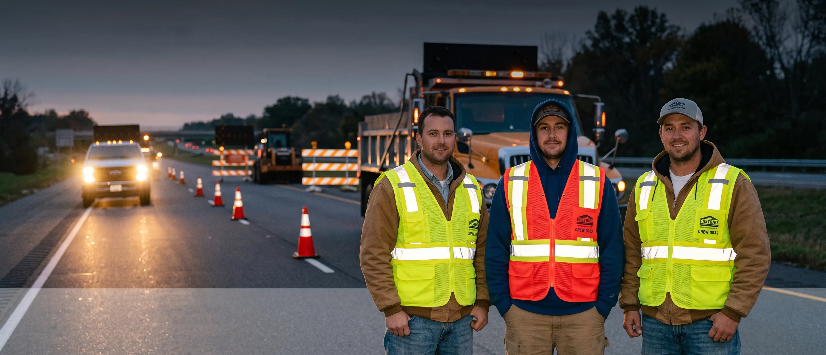 Road crew in fluorescent yellow-green and orange-red Class 2 safety vests at a night work zone, reflective tape lit by headlights