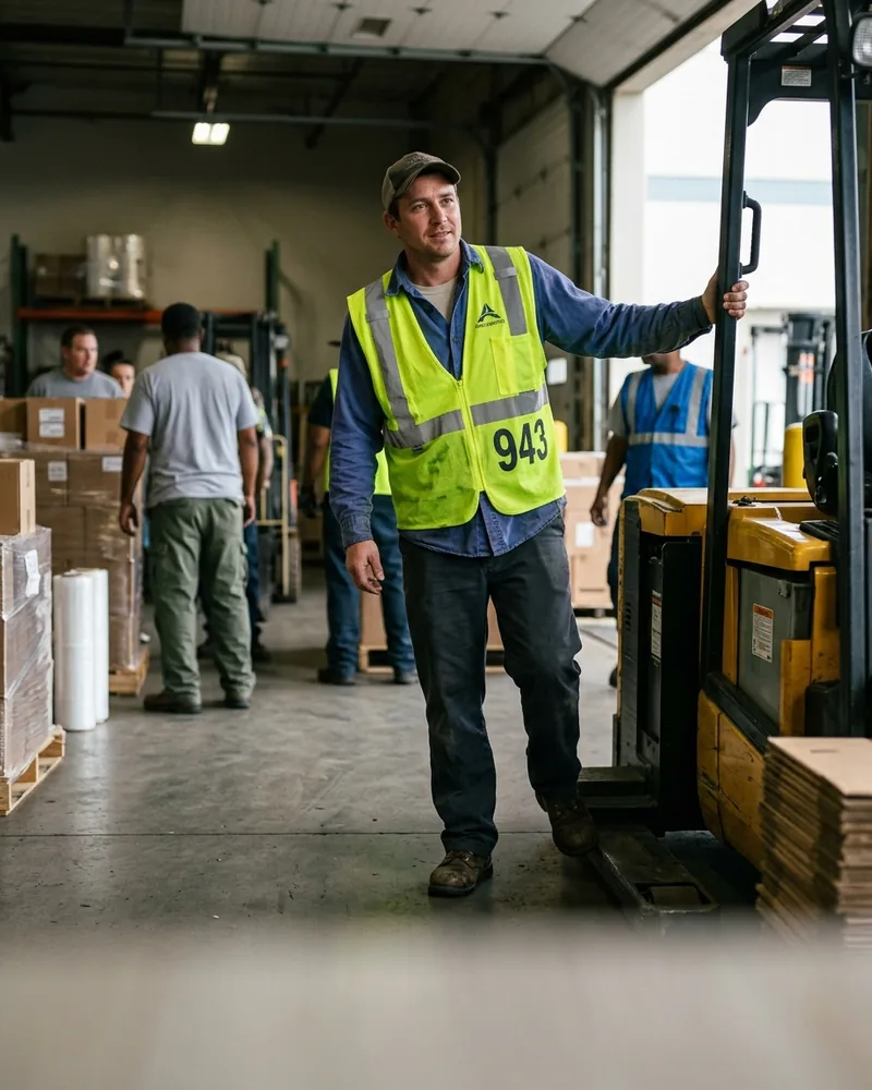 Forklift driver in a hook-and-loop hi-vis vest with a crew number on the back panel