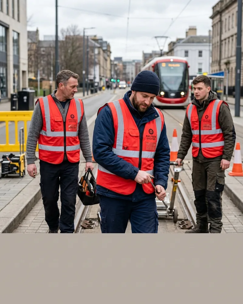 Rail track crew in Europe wearing fluorescent red EN ISO 20471 vests