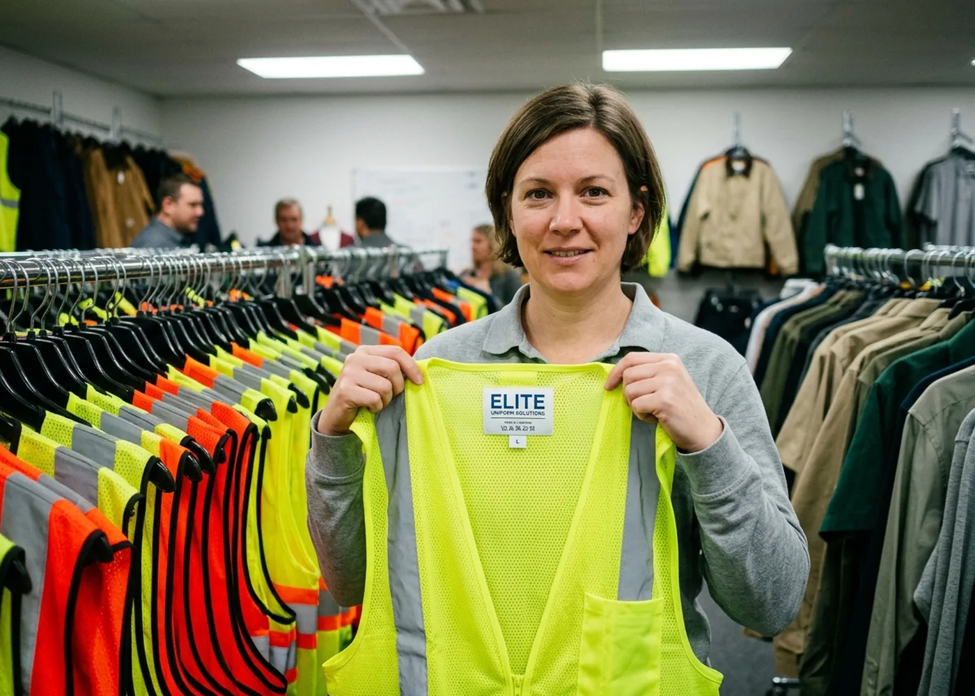 Distributor sample room with private-label hi-vis vests on rails