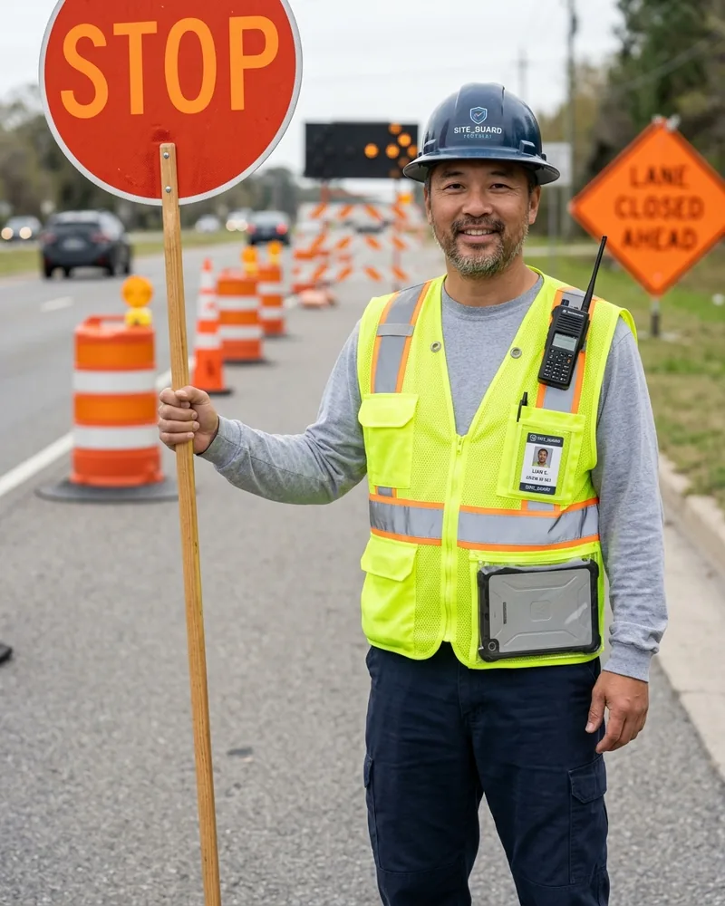 Traffic control worker in a surveyor-style vest with tablet pocket and radio tab