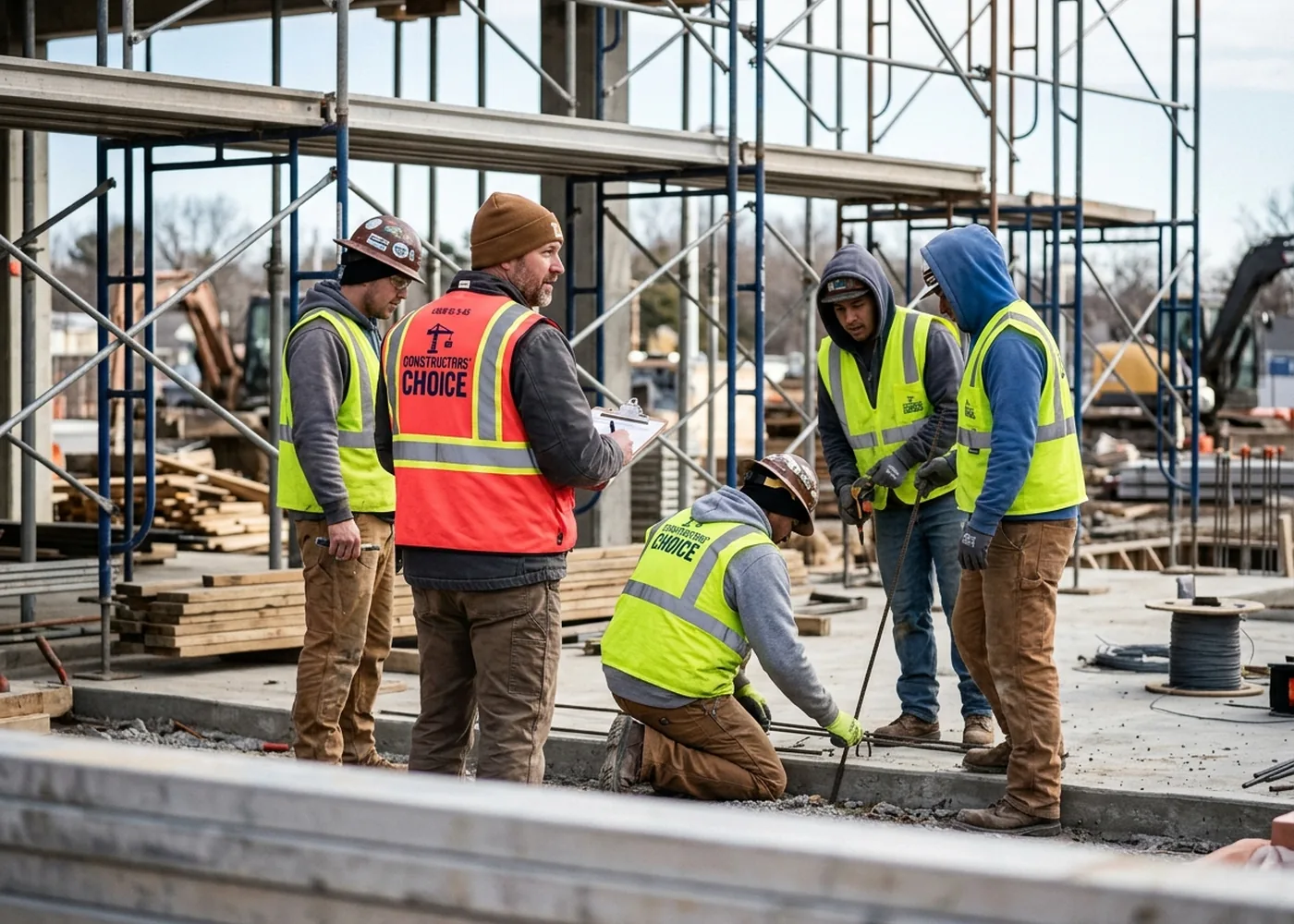 Construction crew and supervisor in yellow-green and orange-red safety vests with a contractor logo on the back