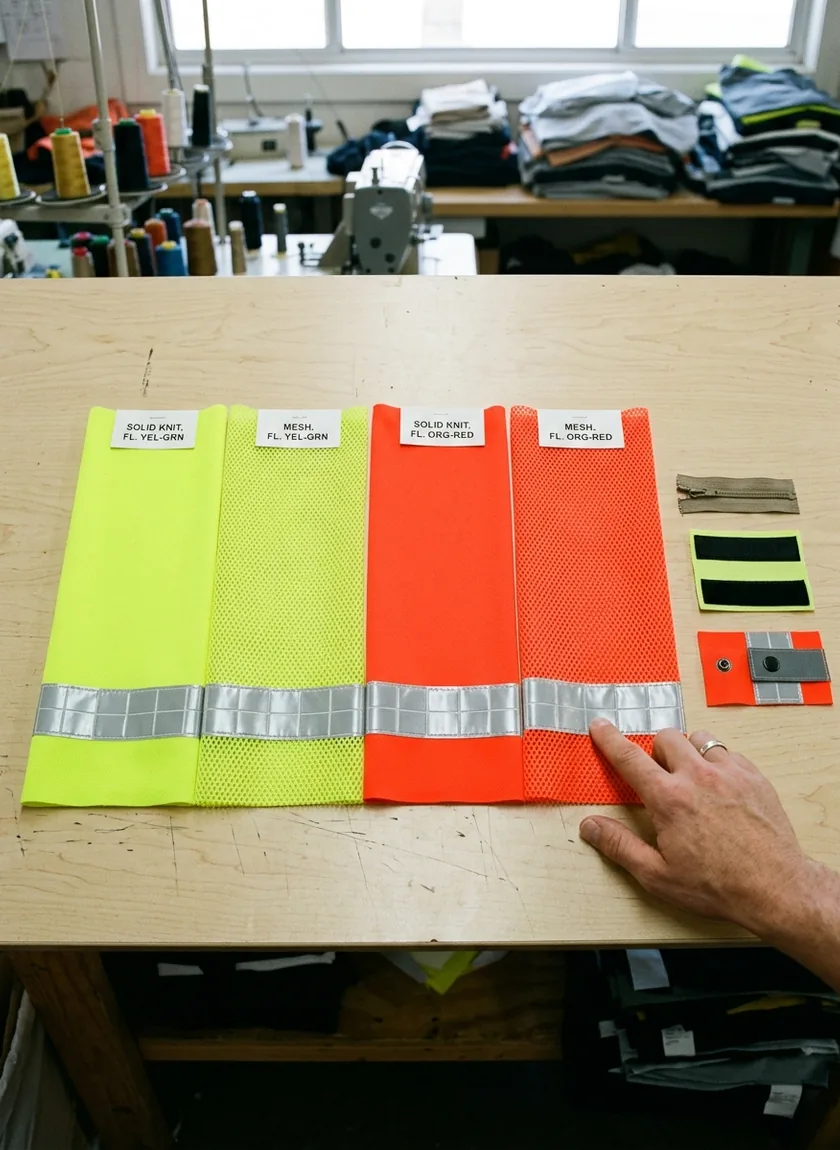 Yellow-green and orange-red safety vest samples in knit and mesh with zipper, hook-and-loop and breakaway closures