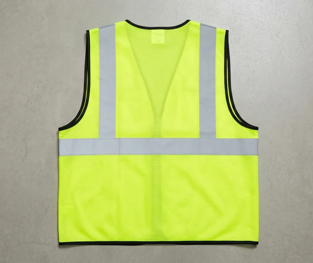 Back of a yellow-green safety vest laid flat with logo zones above and below the horizontal tape