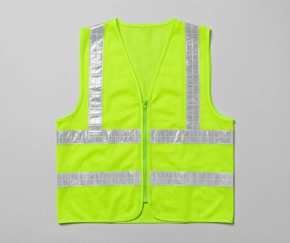 Front of a yellow-green safety vest laid flat with the chest logo zones marked