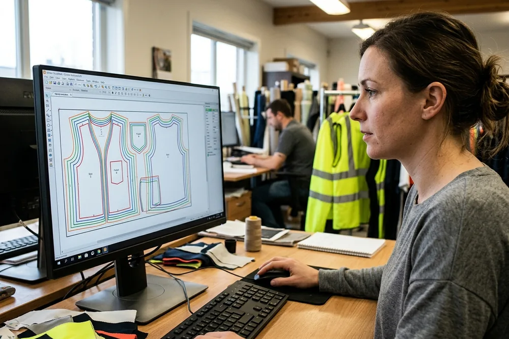 Pattern maker grading a safety vest pattern across sizes in CAD software