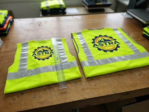 The same logo printed at two graded sizes on the backs of a small and a large safety vest
