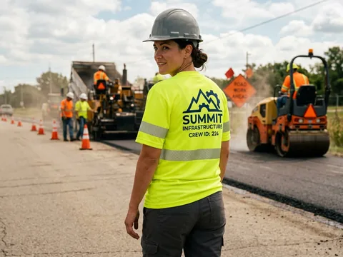 Back of a sleeved hi-vis T-shirt with tape on the sleeves and a large company logo