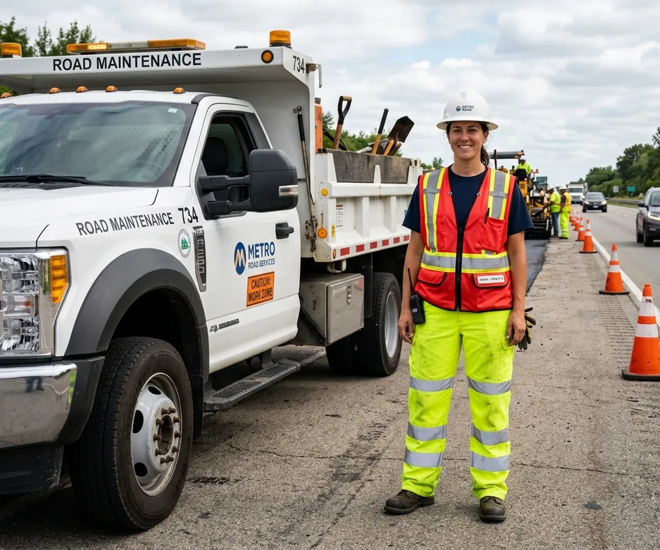 Roadside crew member wearing a Class 2 safety vest with Class E hi-vis work pants