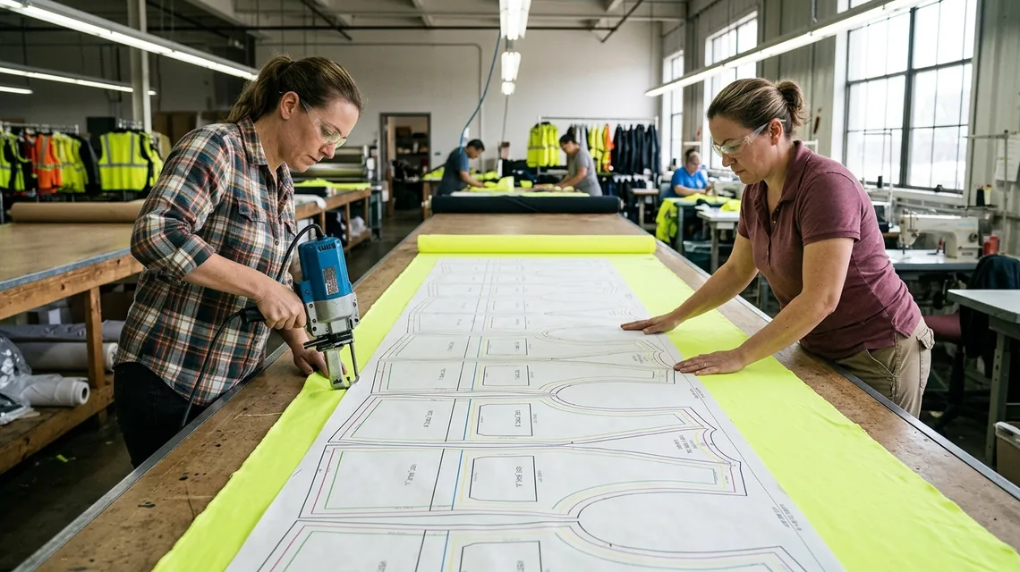 Printed cutting marker for a safety vest laid out on a cutting table