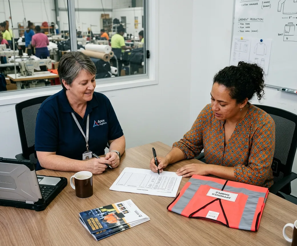 Buyer's safety manager and an account manager signing a build spec sheet beside an approved sample vest