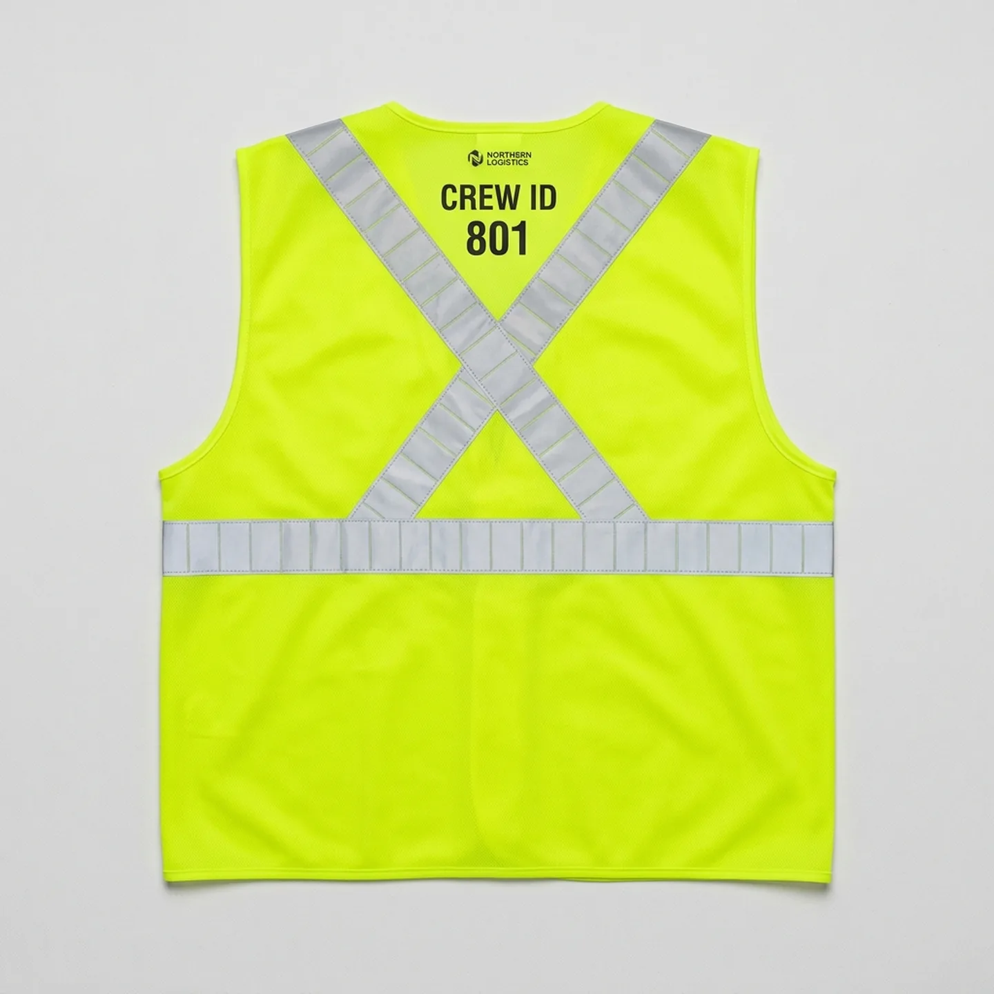 Back of a safety vest with crossed X reflective tape