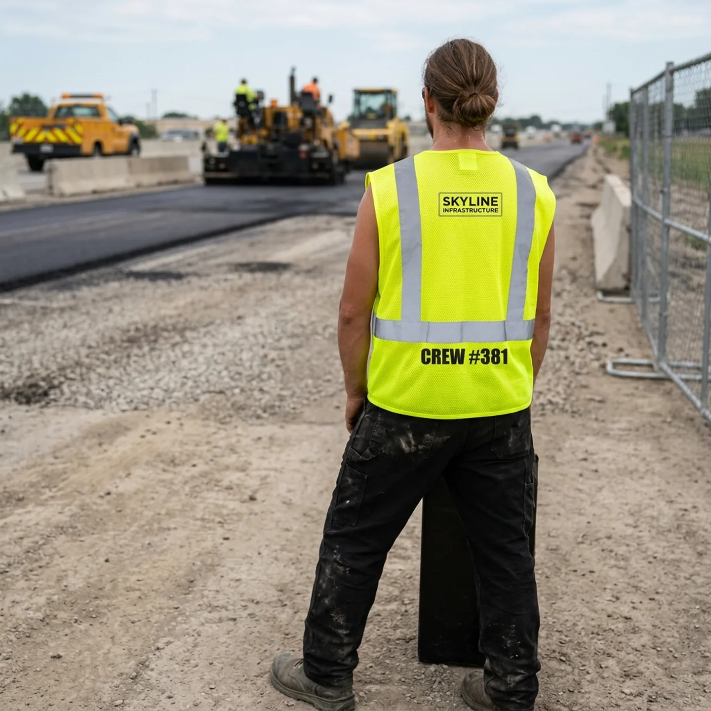 Back of a safety vest with straight vertical reflective tape