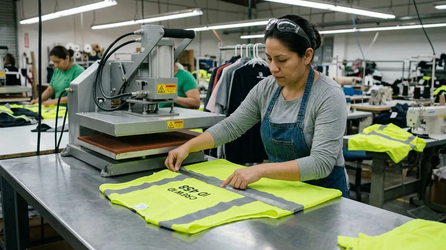 Line QC measuring the reflective tape position on the first vest off a heat press
