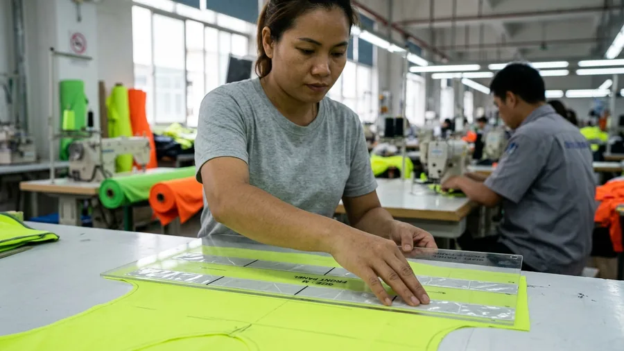 Size-specific placement guide laid over a safety vest panel to position reflective tape