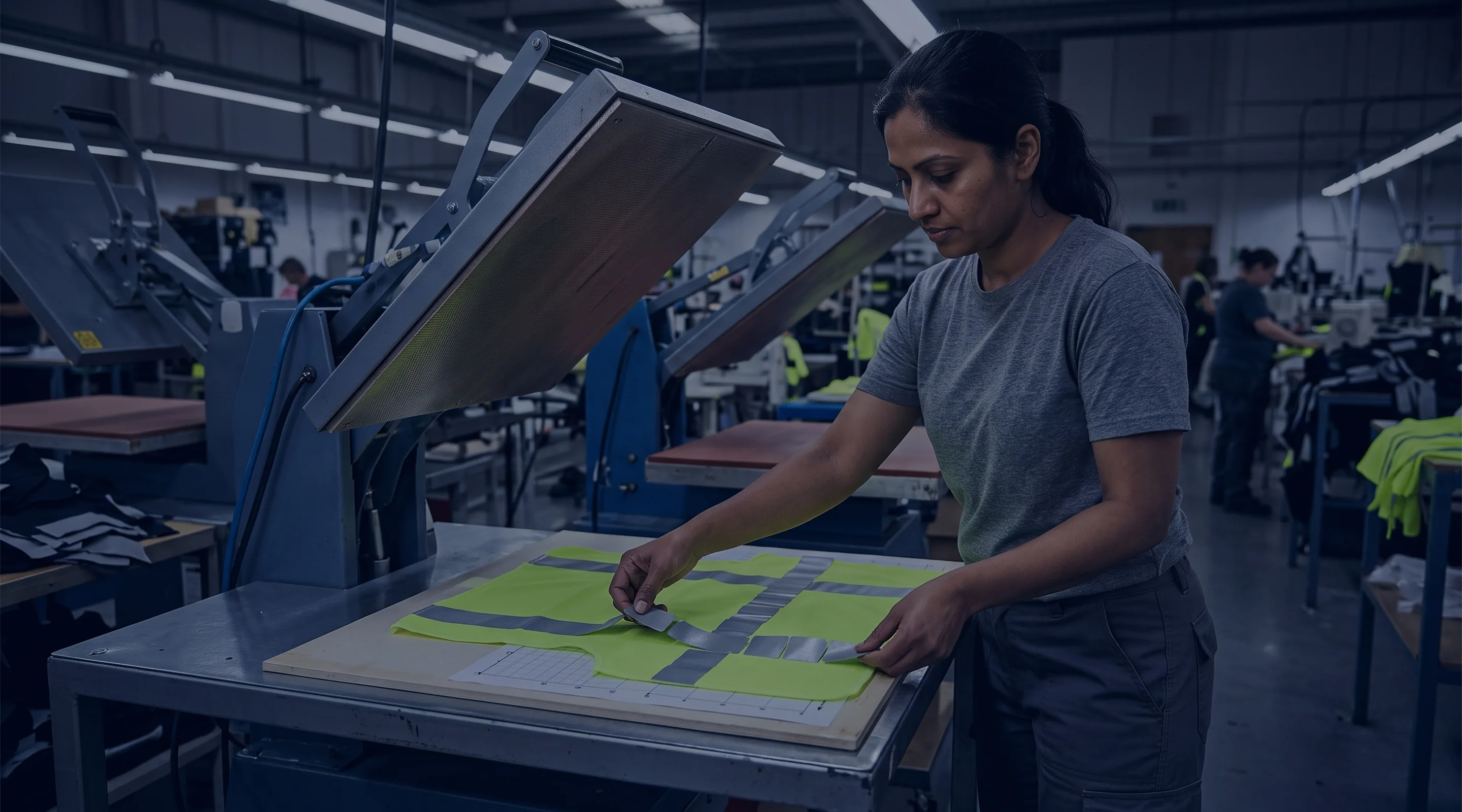 Heat press operator placing segmented reflective tape on a safety vest panel using a placement guide