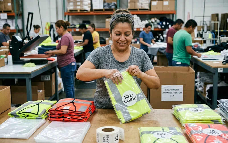 Folded safety vests going into individual polybags with size stickers