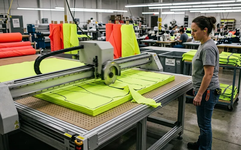 Automatic multi-ply cutting table cutting fluorescent yellow-green vest panels