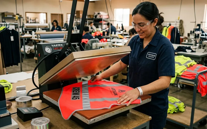 Segmented reflective tape being heat-applied to a safety vest on a press